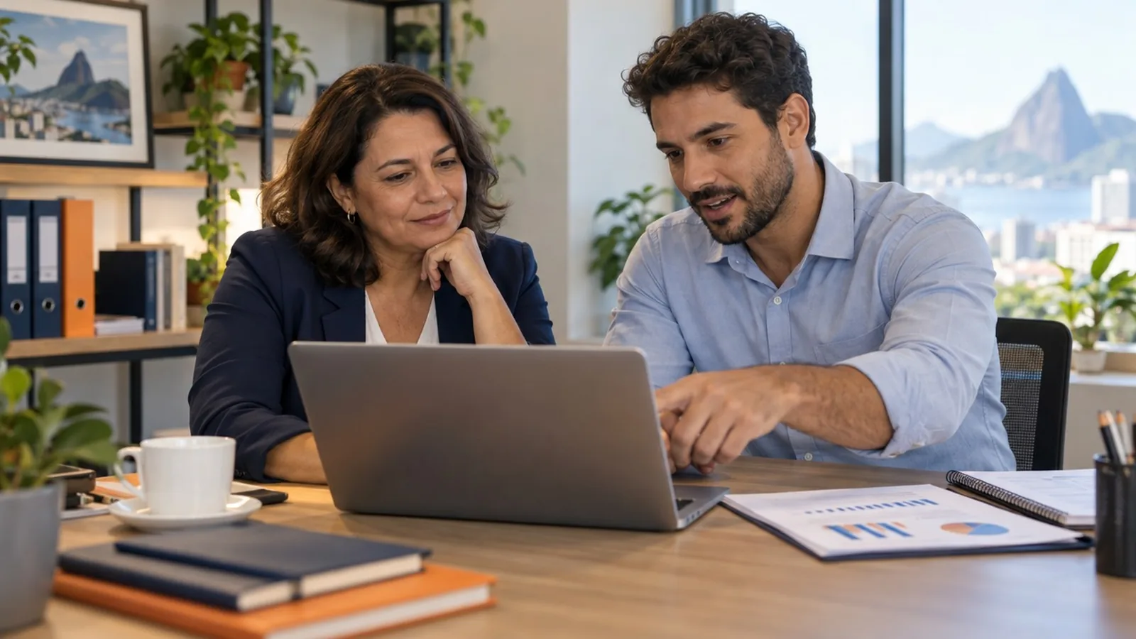 Empresária e especialista financeira revisando relatórios da empresa no notebook