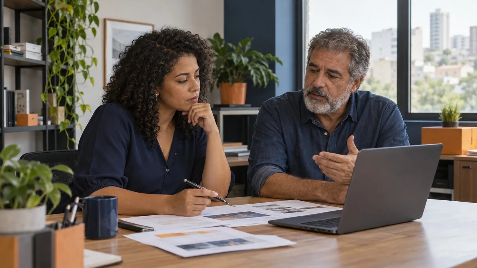 Sócios de uma pequena empresa conversando sobre a organização do financeiro